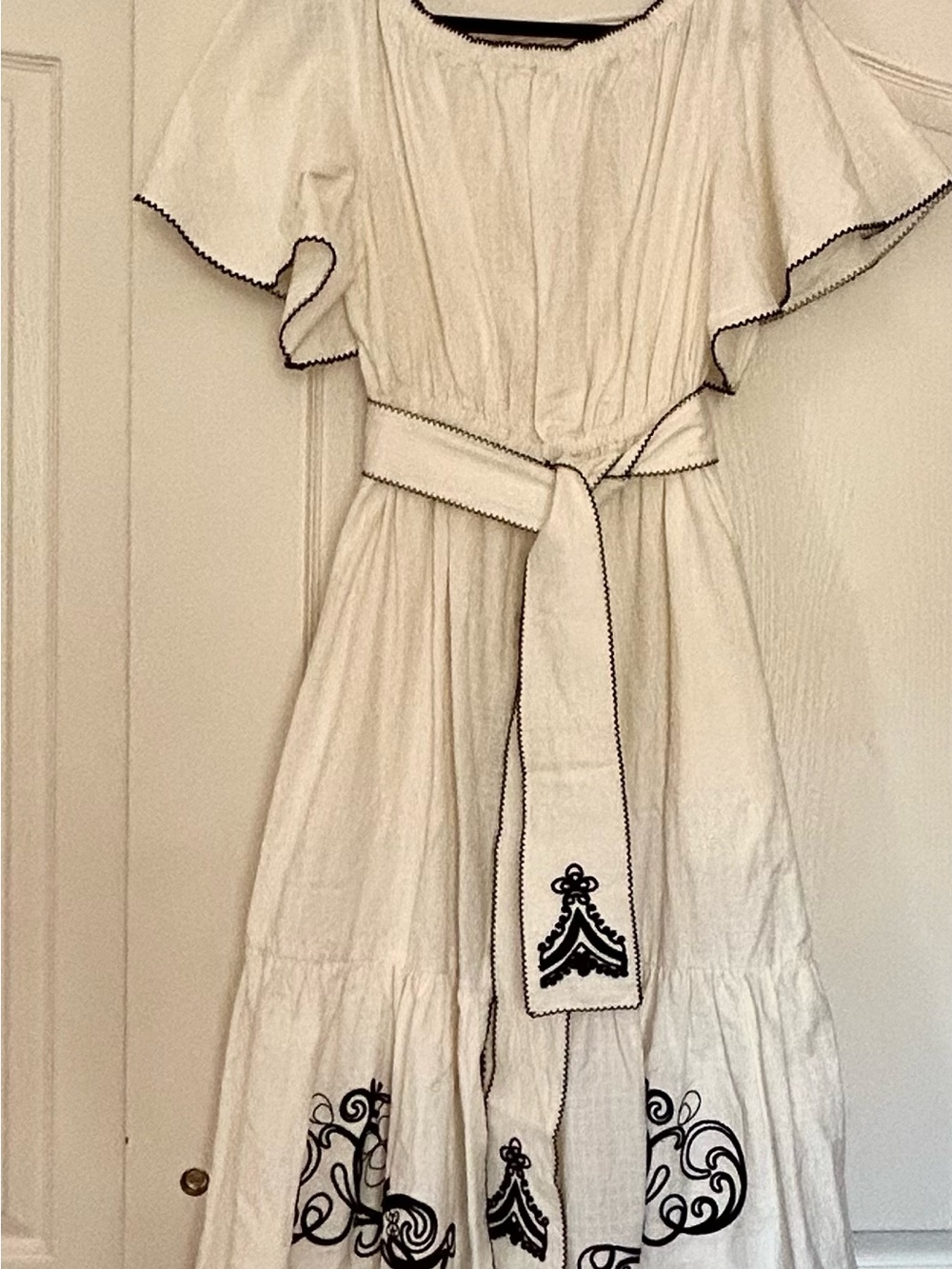 Women’s White to Light Cream Midi Dress with Black Embroidery